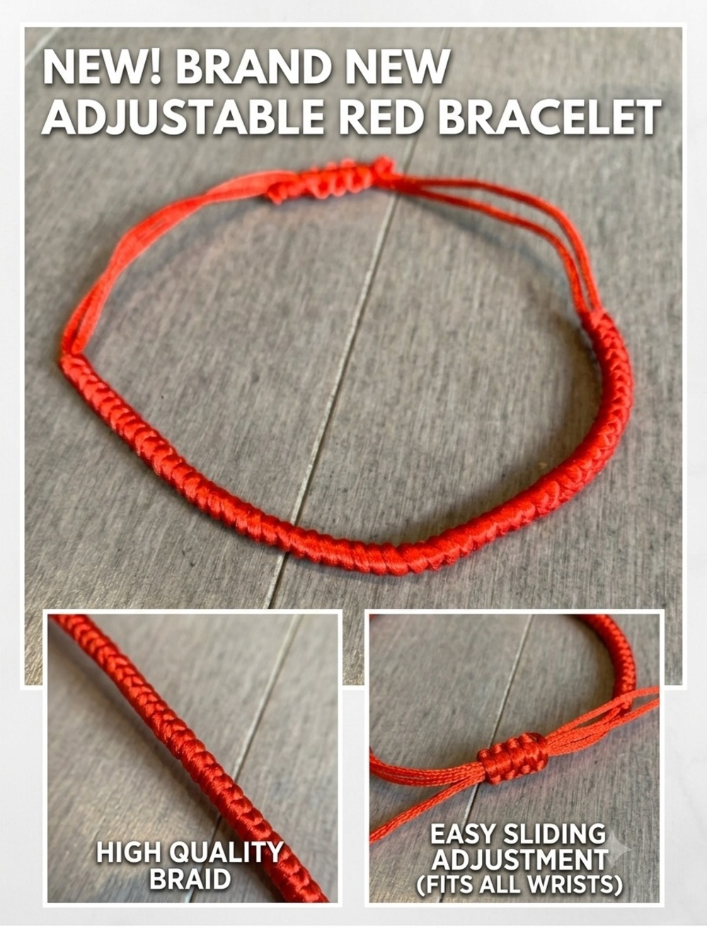 NEW Adjustable Red Braided Cord Bracelet - Max 9"